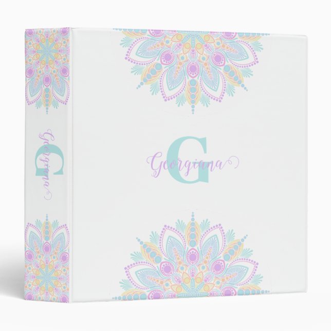 Custom Name Pastel Rainbow Floral Sundae Mandala 3 Ring Binder (Front/Spine)