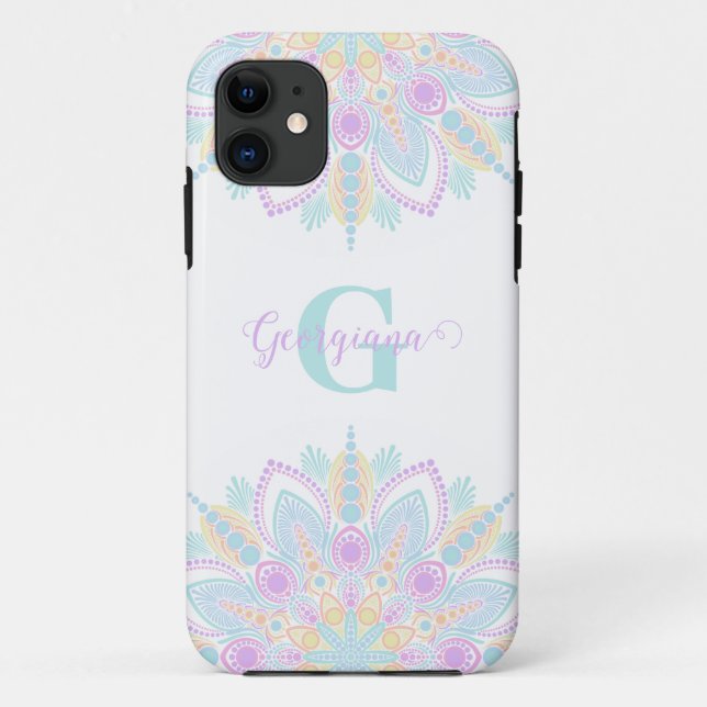 Custom Name Pastel Rainbow Floral Sundae Mandala Case-Mate iPhone Case (Back)