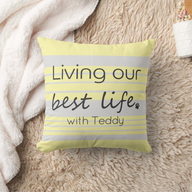 Custom Name Pastel Yellow and Light Grey Stripe Throw Pillow (Blanket)