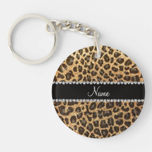 Custom name pastel yellow glitter leopard print keychain