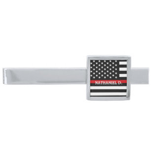 Custom Name Patriotic Firefighter Flag Silver Finish Tie Clip