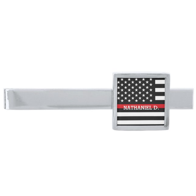 Custom Name Patriotic Firefighter Flag Silver Finish Tie Clip (Front)