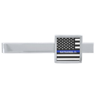 Custom Name Patriotic Police Flag Silver Finish Tie Clip