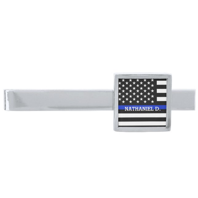 Custom Name Patriotic Police Flag Silver Finish Tie Clip (Front)
