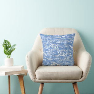 Custom Name Pattern allover Cornflower Blue Color Throw Pillow