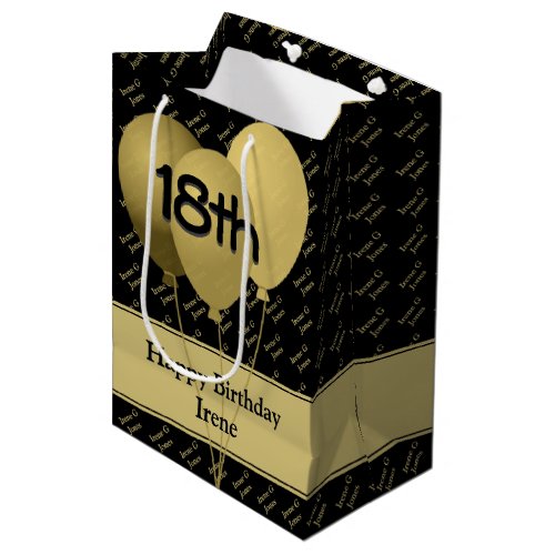 Custom Name Pattern - Gold/Black Balloons Medium Gift Bag
