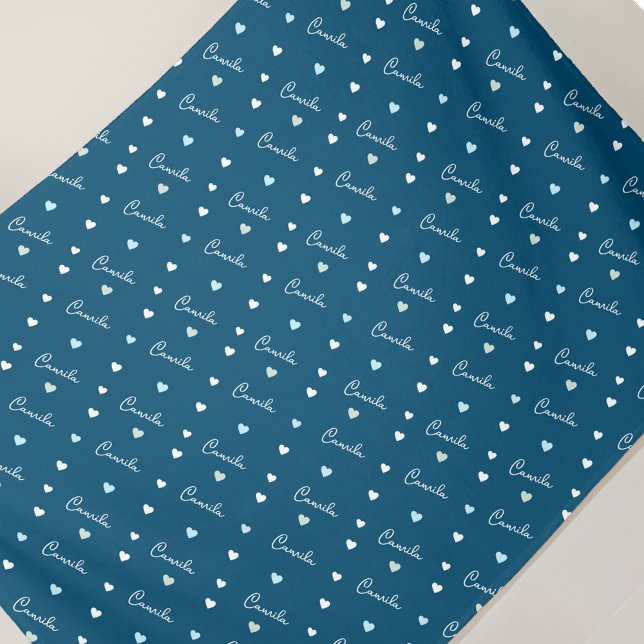 Custom name PATTERN OF LOVE HEARTS ocean-blue Fleece Blanket (Creator Uploaded)