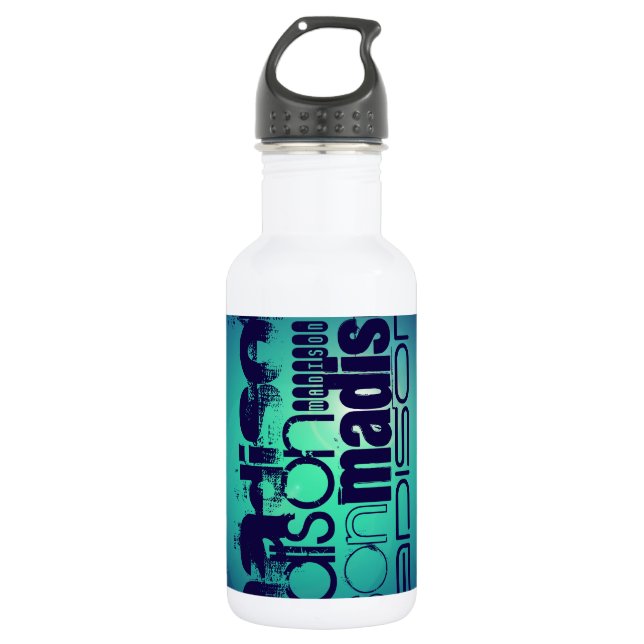 Custom Name Pattern on Aqua Blue Background Water Bottle (Front)