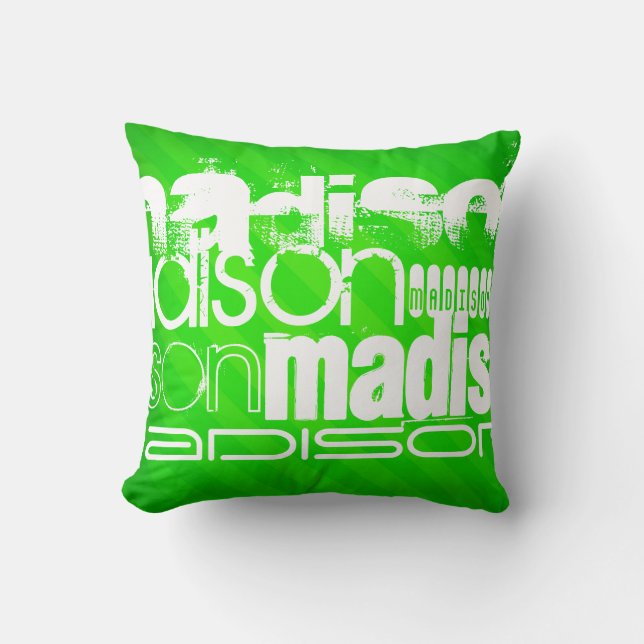 Custom Name Pattern on Neon Green Stripes Throw Pillow (Front)