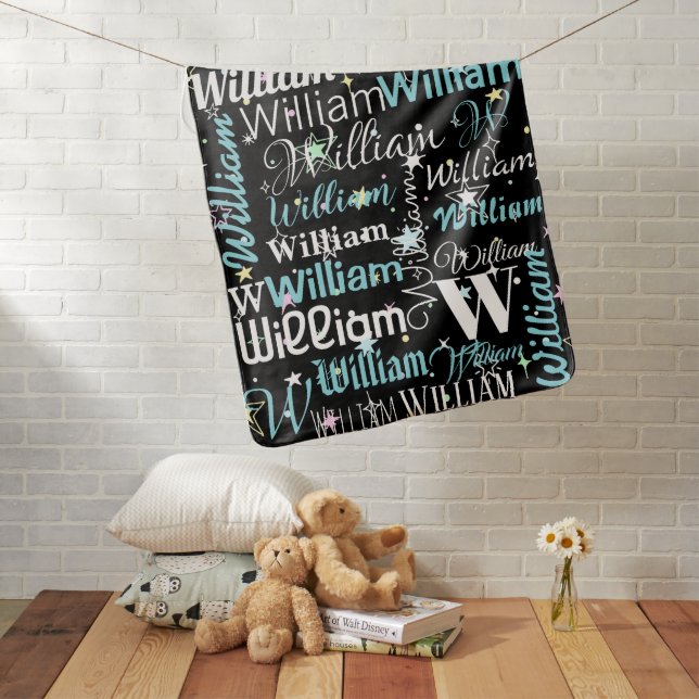 Custom Name Pattern Sky Stars Cute Black Blue Baby Blanket (In Situ)