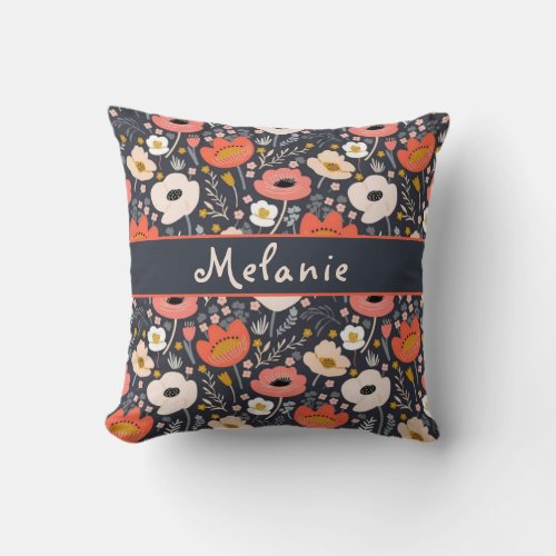 Custom name pattern with flowers and leaves throw pillow