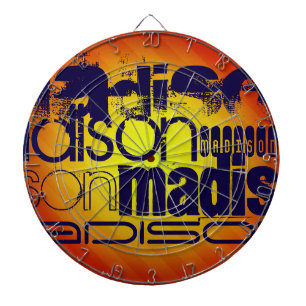 Custom Name Pattern; Yellow Orange Background Dartboard With Darts