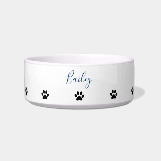 Custom Name Paw Prints Patterns Blue Black White Bowl (Front)