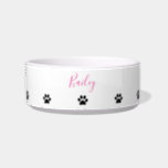 Custom Name Paw Prints Patterns Pink Black White Bowl<br><div class="desc">Pretty and elegant design with paw print patterns and text template for monogrammed name which you can customize with your pet's name!</div>