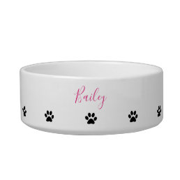 Custom Name Paw Prints Patterns Pink Black White Bowl