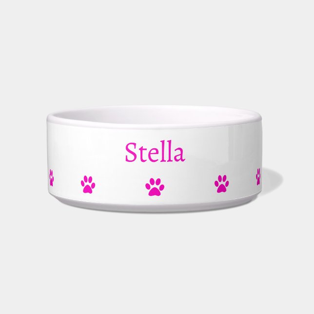 Custom Name Paw Prints Patterns Pink White Cute Bowl (Front)