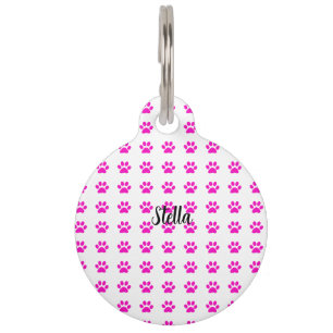 Custom Name Paw Prints Patterns Pink White Stylish Pet ID Tag