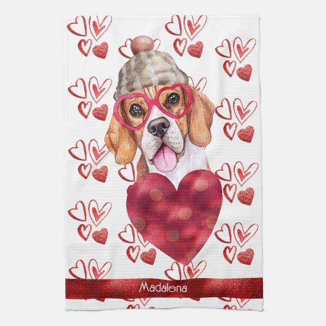 Custom Name Paws Dog Lover Valentine Gift Beagle Kitchen Towel (Vertical)