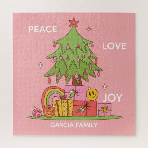 Custom Name Peace, Love & Joy Retro Christmas Tree Jigsaw Puzzle