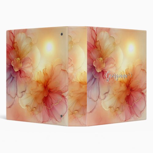 Custom Name Peach Raspberry Floral Alcohol Ink Art 3 Ring Binder