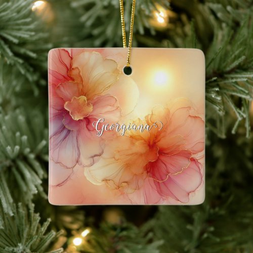 Custom Name Peach Raspberry Floral Alcohol Ink Art Ceramic Ornament