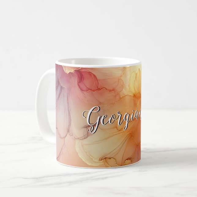 Custom Name Peach Raspberry Floral Alcohol Ink Art Coffee Mug (Front Left)