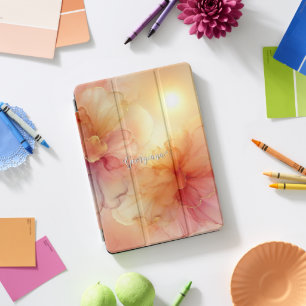 Custom Name Peach Raspberry Floral Alcohol Ink Art iPad Pro Cover