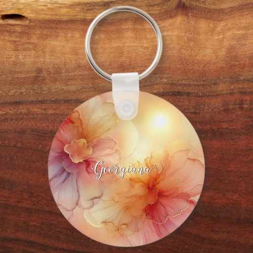 Custom Name Peach Raspberry Floral Alcohol Ink Art Keychain