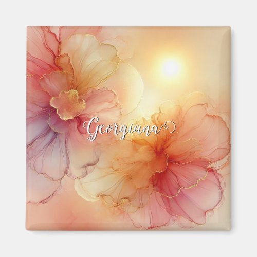 Custom Name Peach Raspberry Floral Alcohol Ink Art Magnet