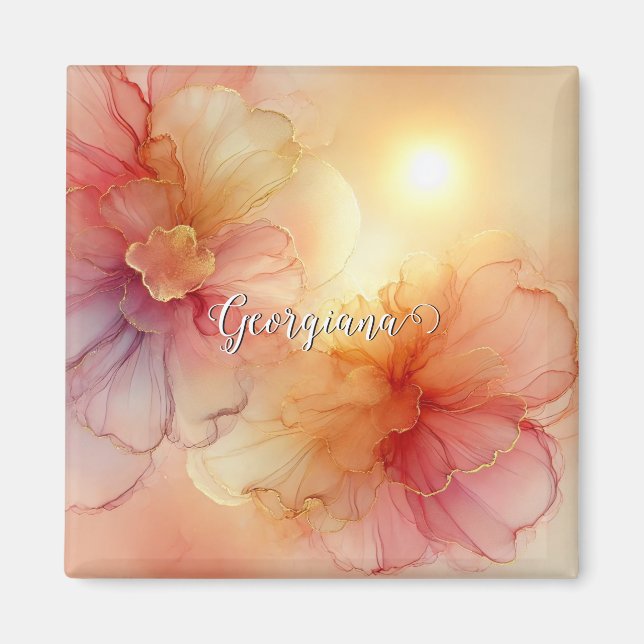Custom Name Peach Raspberry Floral Alcohol Ink Art Magnet (Front)