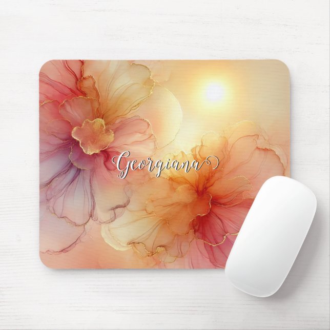 Custom Name Peach Raspberry Floral Alcohol Ink Art Mouse Pad (With Mouse)