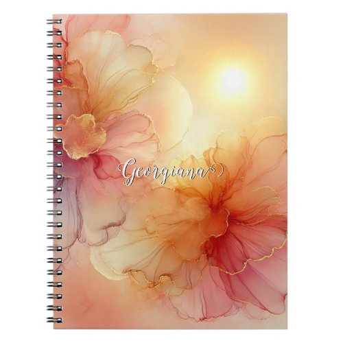 Custom Name Peach Raspberry Floral Alcohol Ink Art Notebook