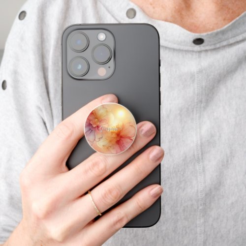 Custom Name Peach Raspberry Floral Alcohol Ink Art PopSocket