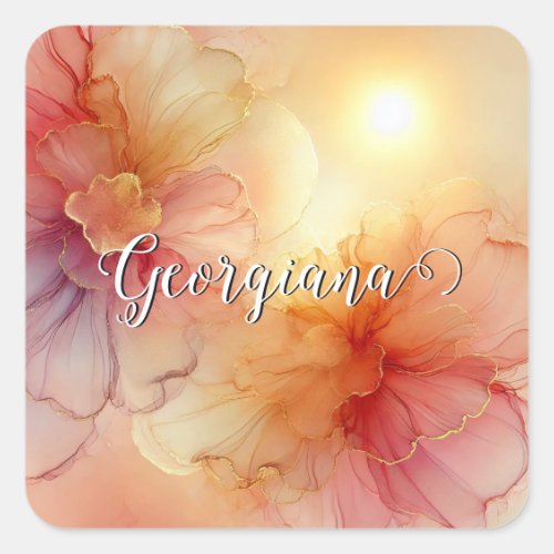 Custom Name Peach Raspberry Floral Alcohol Ink Art Square Sticker