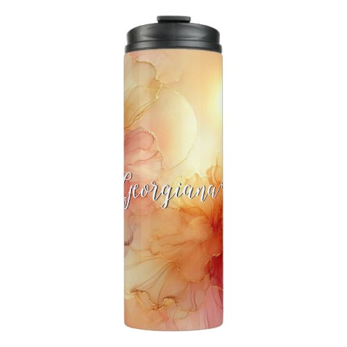 Custom Name Peach Raspberry Floral Alcohol Ink Art Thermal Tumbler