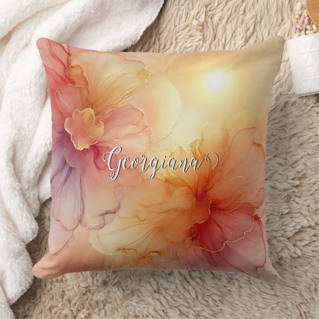 Custom Name Peach Raspberry Floral Alcohol Ink Art Throw Pillow (Blanket)