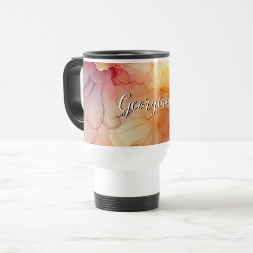 Custom Name Peach Raspberry Floral Alcohol Ink Art Travel Mug