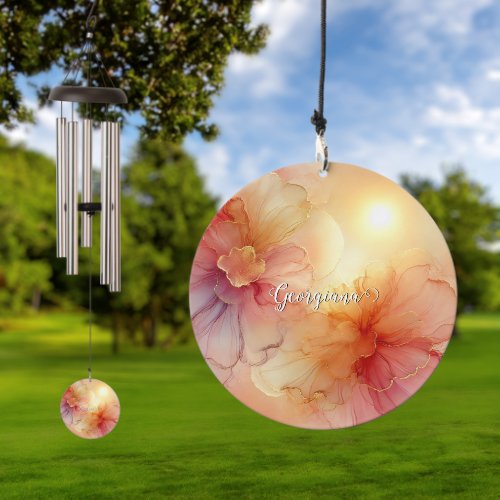 Custom Name Peach Raspberry Floral Alcohol Ink Art Wind Chime