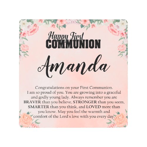 Custom Name Peach Rose Message for First Communion Metal Print