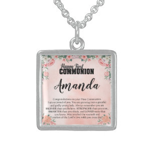 Custom Name Peach Rose Message for First Communion Sterling Silver Necklace