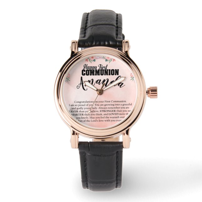 Custom Name Peach Rose Message for First Communion Watch (Front)