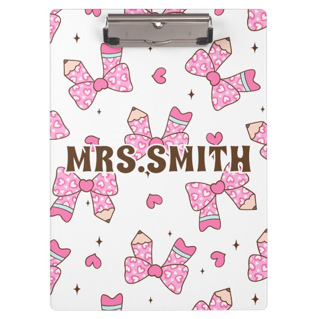 Custom Name Pencil Coquette Bow  Clipboard (Front)