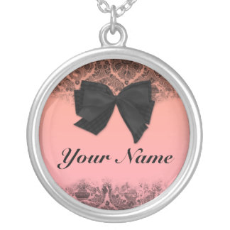 Custom name pendant. Chic, pink, black, bow. Silver Plated Necklace