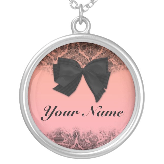 Custom name pendant. Chic, pink, black, bow. Silver Plated Necklace (Front)