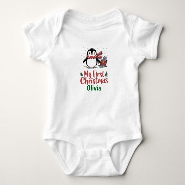 Custom Name Penguin First Christmas Design Baby Bodysuit (Front)