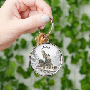 Custom Name Personalized 3 Wolves Howling Keychain