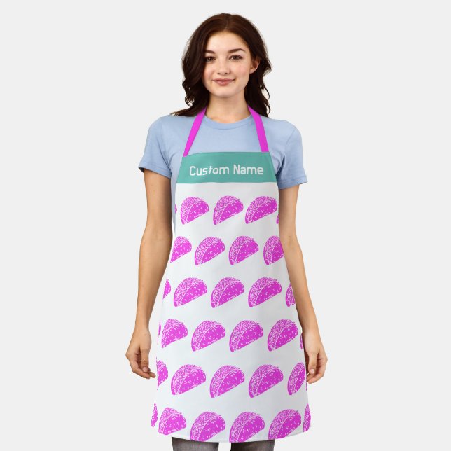 Custom Name Personalized Aprons, Funny Pink Taco Apron (Worn)