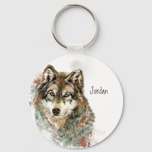 Custom Name Personalized Gray Wolf Keychain