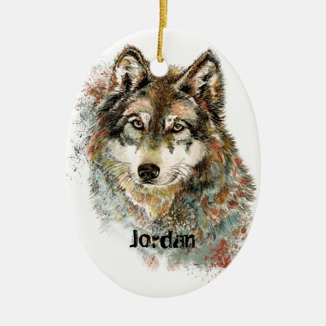 Custom Name Personalized Grey Wolf Ceramic Ornament (Front)
