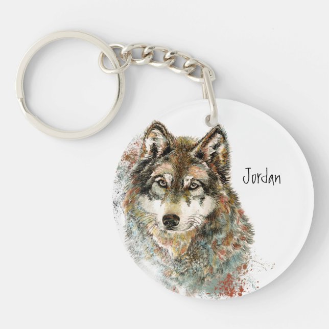 Custom Name Personalized Grey Wolf Keychain (Front)